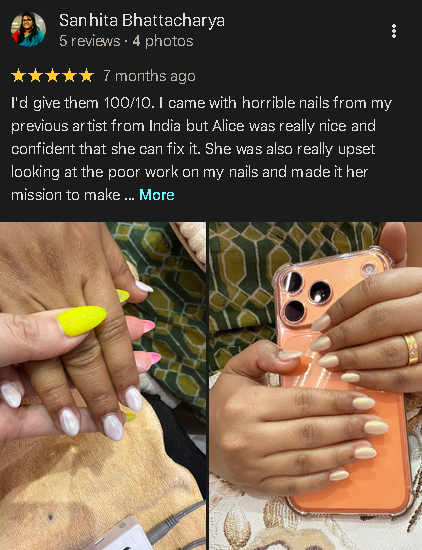 5-star Google review from Sanhita Bhattacharya with photos of two sets of manicured nails
