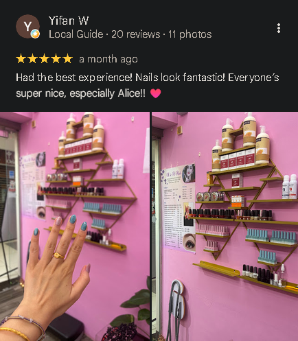 5-star Google review from Yifan W with a photo inside the salon showing the nail polish display wall